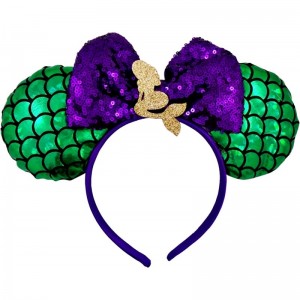 Mermaid Mouse Ears Headband with Purple Glitter Bow and Scalloped Green Metallic Ears Costume Accessory One Size Fits Most $1...