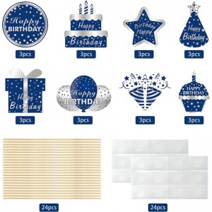 24pcs Happy Birthday Decorations Table Topper for Men Blue Silver Happy Birthday Table Centerpiece Sticks Party Supplies Happ...