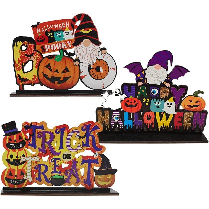 3 Pieces Happy Halloween Table Decoration Pumpkin Table Centerpiece Boo Sign Wooden Candy Day for Halloween Party Dinner Coff...