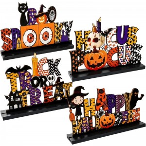 4 Pieces Halloween Table Decorations Happy Halloween Table Centerpiece Boo Spooky Wooden Centerpiece Sign Trick or Treat Tabl...