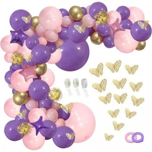 136pcs Pink Purple Balloon Garland Kit with Butterfly Stickers Foil Balloon Purple Gold Butterfly Fairy Balloon Arch for Birt...