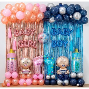 Gender Reveal Decorations Boy or Girl Reveal Party Backdrop&Balloons Arch Garland Navy Blue Rose Gold Fringe Curtains for Bab...
