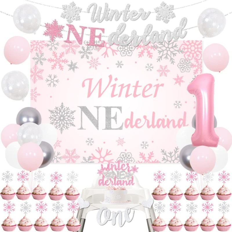 Winter Onederland 1st Birthday Girl Decoration Winter Onederland Backdrop Snowflake Glitter Banner Cupcake Toppers Balloon Ga...