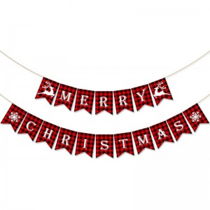 Merry Christmas Banner Plaid Cotton Bunting Banner with Elk and Snowflake Signs Plaid Banner for Holiday Christmas Party Mant...