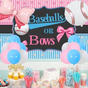 Gender Reveal Party Decorations Baseball Gender Reveal Party Decorations with Baseballs or Bows Backdrop Latex Balloons for B...