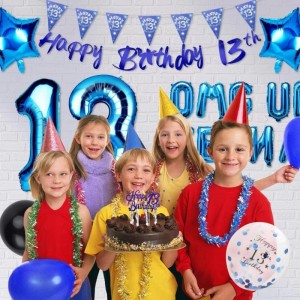 13th Birthday Decorations for Boys - Blue Omg Ur A Teenager Balloons Banner Happy 13th Birthday Banner Sash Cake Topper Penna...