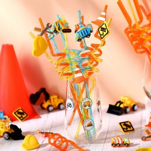 24 Pieces Construction Plastic Straws Reusable Party Curly Drinking Straws Construction Theme Birthday Party Favors Excavator...