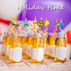 24 Pieces Construction Plastic Straws Reusable Party Curly Drinking Straws Construction Theme Birthday Party Favors Excavator...