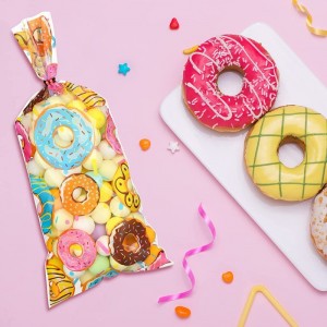 100 Pieces Donut Candy cellophane Bags Sweet Doughnut Treat favor Goodie Bags with 150 Pieces Twist Ties for Donut Birthday P...