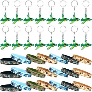 32 Pcs Army Party Favors Camouflage Army Rubber Bracelets Camo Aircraft Keychain Camo Wristbands Military Elastic Silicone Br...