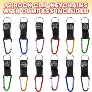 Rock Clip Keychains with Compass Set of 12 Carabiner Clip Keychains for Kids and Adults with Working Compasses Explorer and C...