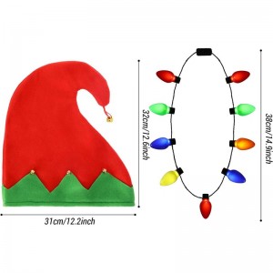 2 Pack Christmas ELF Hats with Bells & 2 Pack LED Light Up Christmas Bulb Necklace Set Red Green Christmas Holiday Party Hats...
