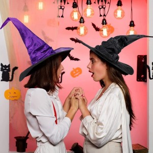 4 Pieces Halloween Ruched Witch Hat Large Crooked Witch Hat Black Purple Wizard Hat Witch Costume for Women Men Halloween Par...