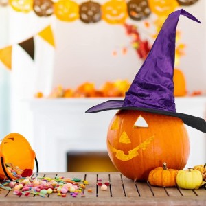 4 Pieces Halloween Ruched Witch Hat Large Crooked Witch Hat Black Purple Wizard Hat Witch Costume for Women Men Halloween Par...