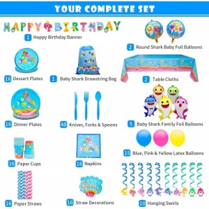 Little Shark Birthday Decorations Ocean Theme Party Supplies for 16 Guests Party Plates Cups Napkins Set 2 Large Tablecloths ...