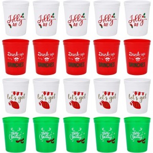 Christmas Plastic Party Cups - Set of 20 White Red and Green 16oz Plastic Holiday Stadium Cups 4 Festive Drinking Pun Designs...