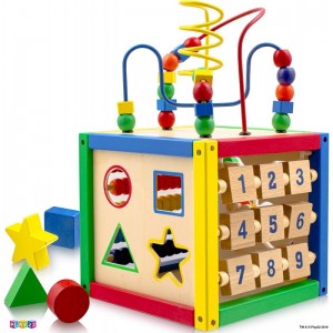 Wooden Activity Cube for Baby - 6 in-1 Baby Activity Play Cube with Bead Maze Shape Sorter Abacus Counting Beads Counting Num...