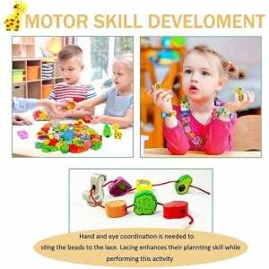 46 PCS Montessori Wooden Lacing Beads Toys for Toddlers Educational Stringing Animals Fruits Farm Threading Beads Preschool L...