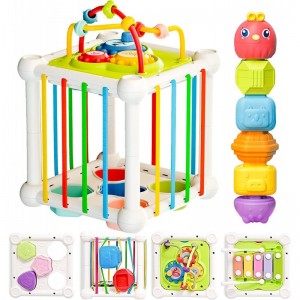 Montessori Toys for 1 Year Old 5 in 1 Baby Toys 6 to 12 Months Sensory Toys Shape Sorter Colorful Cube with 10 Pcs Sensory St...