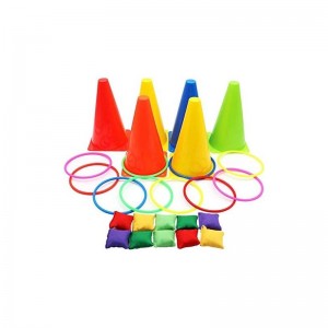 3 in 1 Ring Toss Game Carnival Combo Set Soft Traffic Cone Bean Bags with Plastic Multicolor Throwing Circle Activity Rings f...