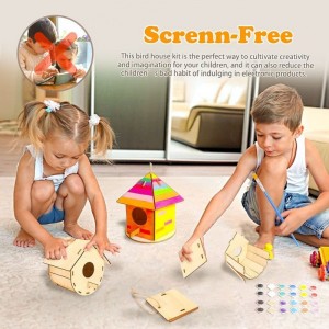 DIY Bird House Kit 4 Packs Wooden Doodle Birdhouses Set Build & Paint Wooden Arts and Painting Craft Toy with Paints & Brushe...