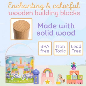 Large Wooden Blocks Set 80pcs - Girls Fairytale Kingdom Castle with Unicorn and Fairy Colored Wooden Building Blocks for Kids...