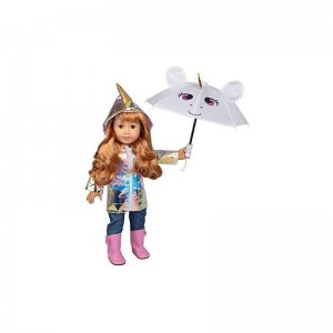 Rainbow Unicorn Doll Rain Outfit for 18" Dolls (6 Piece Set Costume) - Premium Handmade Clothes Include Raincoat Umbrella Shi...
