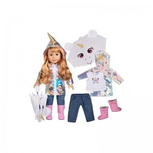 Rainbow Unicorn Doll Rain Outfit for 18" Dolls (6 Piece Set Costume) - Premium Handmade Clothes Include Raincoat Umbrella Shi...