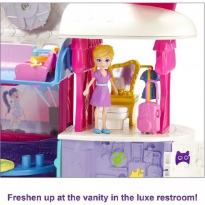 Pocket Fabulous Flying Jet with 3-in Polly Doll & Extra Dress Hanger Luggage Plane Lounge Area Bathroom with Vanity Consessio...