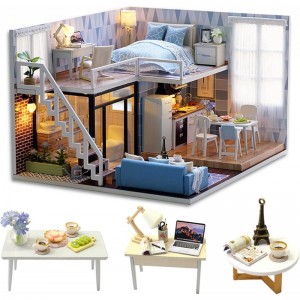 DIY Miniature Dollhouse Wooden Furniture Kit Handmade Mini Modern Apartment Model with Dust Cover & Music Box 1:24 Scale Crea...