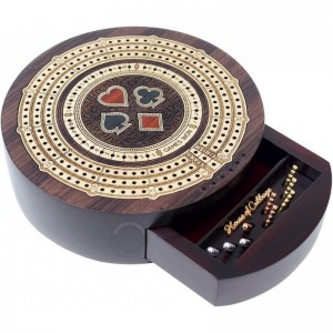 Round Shape 3 Track Non-Continuous Cribbage Board - Push Drawer Storage for Pegs and 1 Deck of Cards with Score Marking Field...