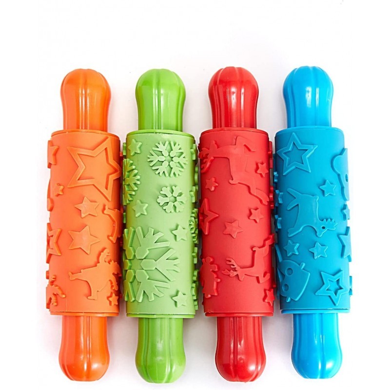 4 Pack Paint Clay Xmas Pattern Texture Rubber Rollers Soft Clay Plasticine Dough Modelling Rolling Pins for Kids Art Playing ...