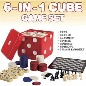 6-IN-1 Dice Cube Game Set - - Board Game and Casino Set – Includes Chess Checkers and Backgammon 2 Decks of Playing Cards Pok...