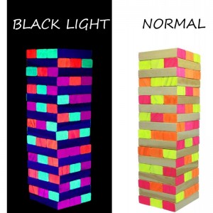 Black Light Tumble Tower Game Set 54 Blocks with Funny Commands and Games on 45 of Them Perfect Pregame Party Starter Funny N...